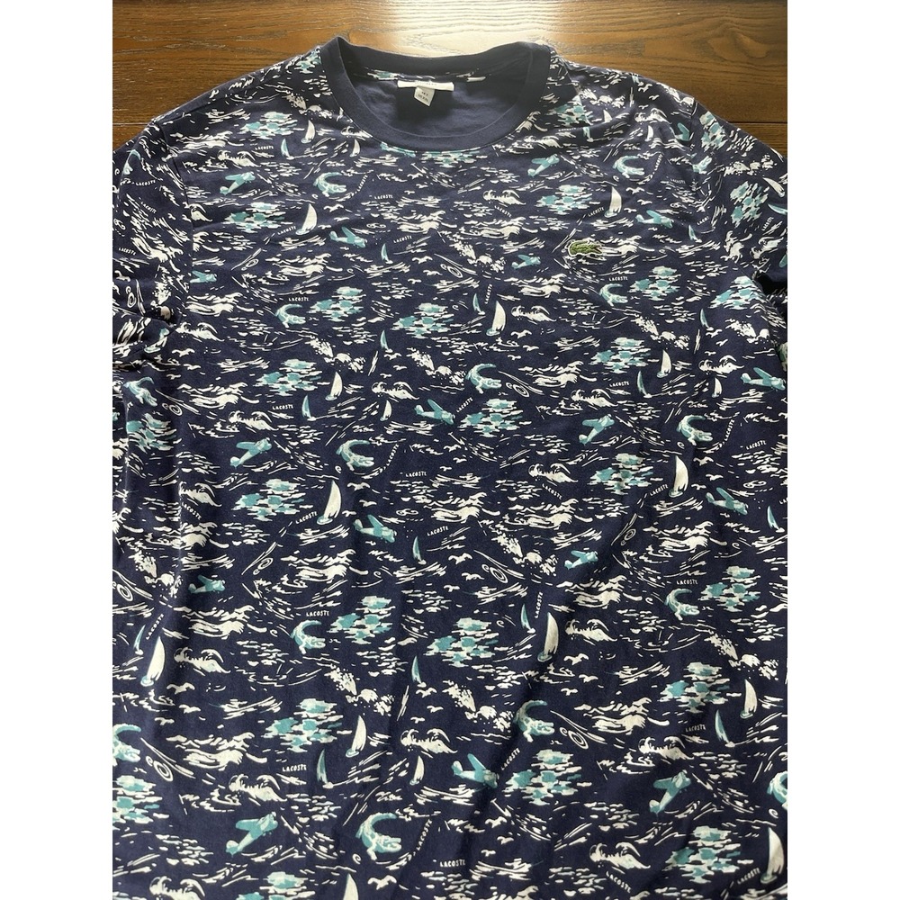 Lacoste Mens Cotton T-Shirt Mens XXL Blue AOP All Over Print Preppy Casual Boat